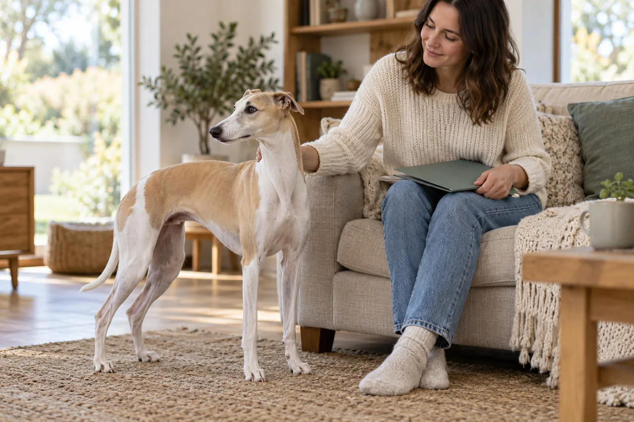 Owner sitting on a sofa beside a slender light-colored dog